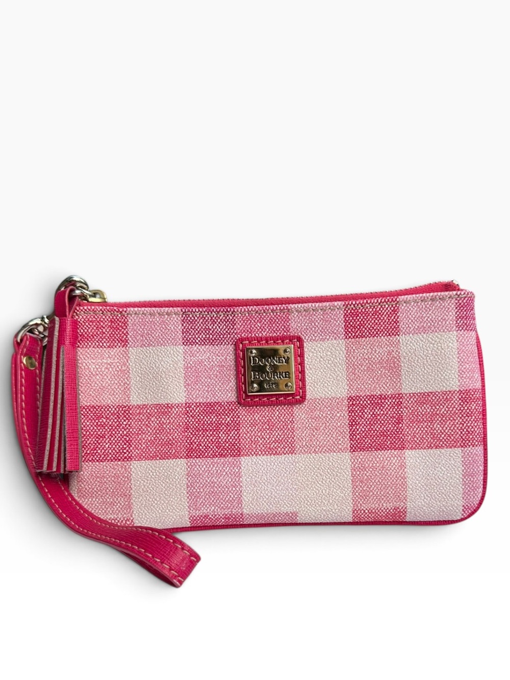 Dooney & Bourke Pink Gingham Coated Canvas Wristlet Wallet Tassel